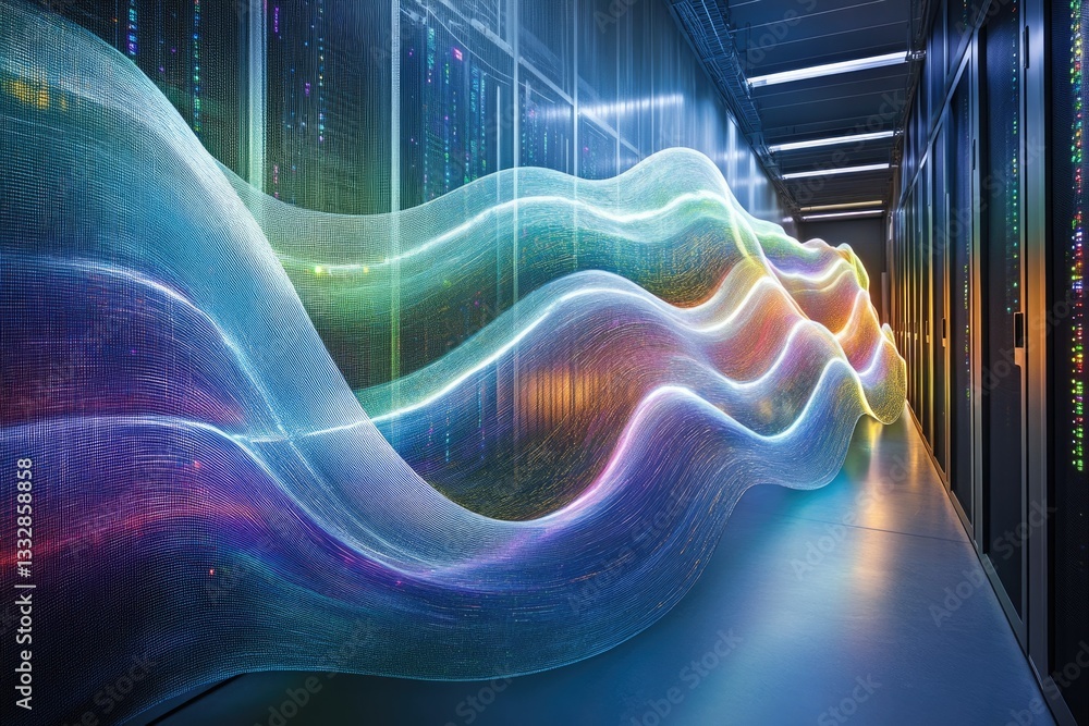 Poster Abstract waves of light illuminate a modern data center, symbolizing digital flow and connectivity.