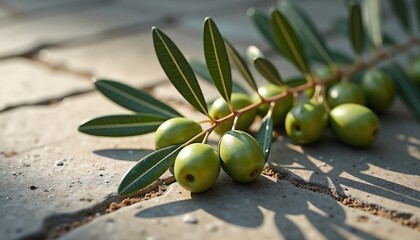 Olive branch with green olives in natural light on stone surface