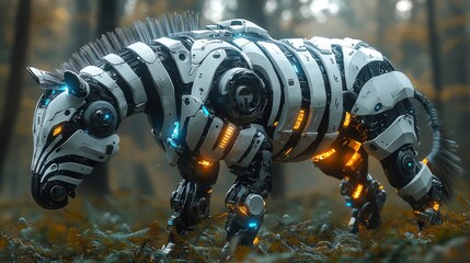 Futuristic zebra robot in a forest