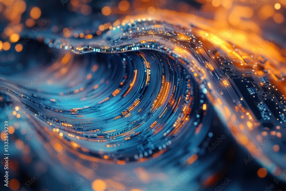 Poster Abstract digital wave of glowing circuits, representing data flow and technological innovation.