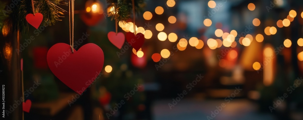 Aufkleber red paper hearts hanging on string with blurred lights in the background during evening hours