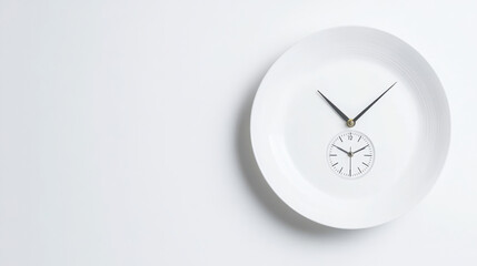 Minimalist representation of fasting and keto diet for longevity with clock on white plate