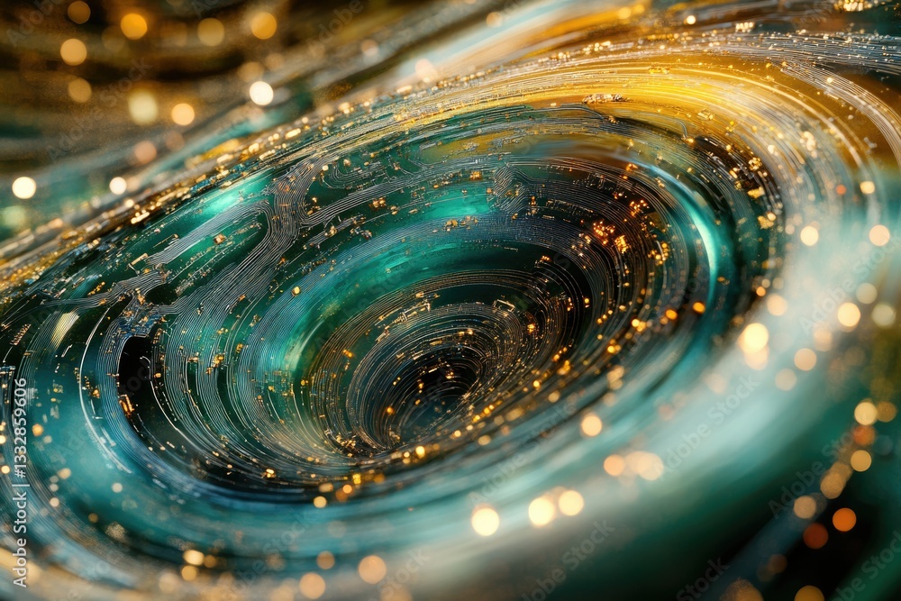 Poster abstract swirling vortex of teal and gold, shimmering with light, creating a mesmerizing cosmic effe