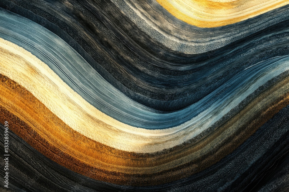 Poster abstract artwork depicting swirling, layered colors of gold, brown, and blue, creating a mesmerizing