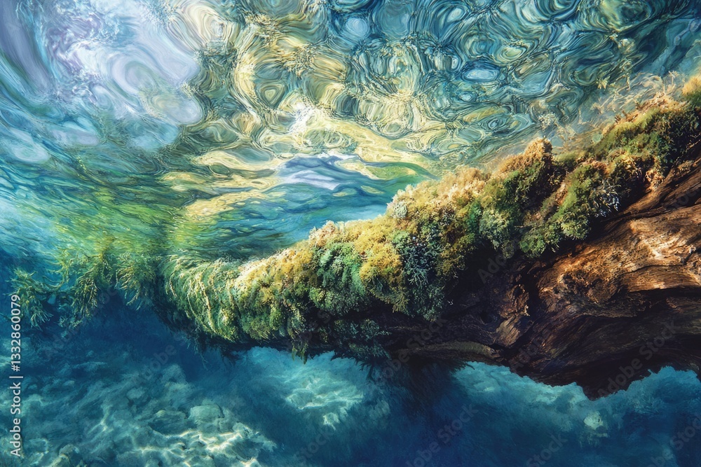 Poster submerged log covered in vibrant aquatic plants and algae, sunlight filters through the crystal-clea