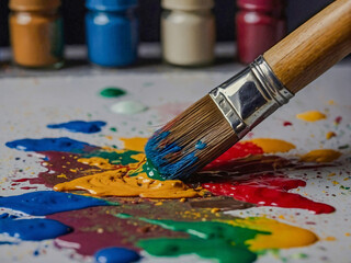 Fototapeta premium Close-up of paintbrush mixing colors