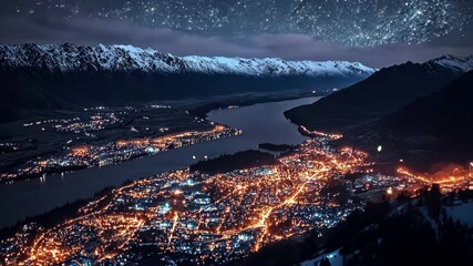 Stunning time lapse view of Queenstown New Zealand illuminating the night sky over the mountains and lake, Time lapse looking down at Queenstown New Zealand at twilight