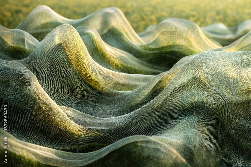 Poster sheer fabric draped over a grassy landscape, creating undulating hills and valleys of texture and li