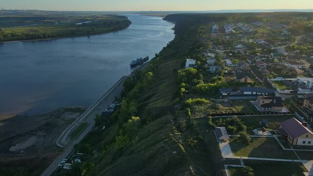 Scenic aerial view of riverside town in Yelabuga, Russia