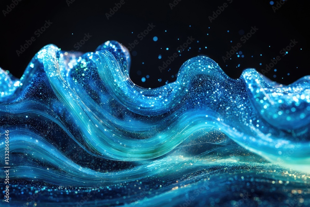 Poster Abstract blue liquid waves with glittering particles, creating a mesmerizing and ethereal visual.
