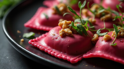 Delicious ravioli with a vibrant pink dough, topped with crushed nuts and fresh herb garnishes, served on a black plate in an elegant dining environment