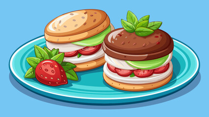 Two delightful ice cream cookie sandwiches with mint and strawberry layers on a plate, promising a sweet and refreshing indulgence to savor.