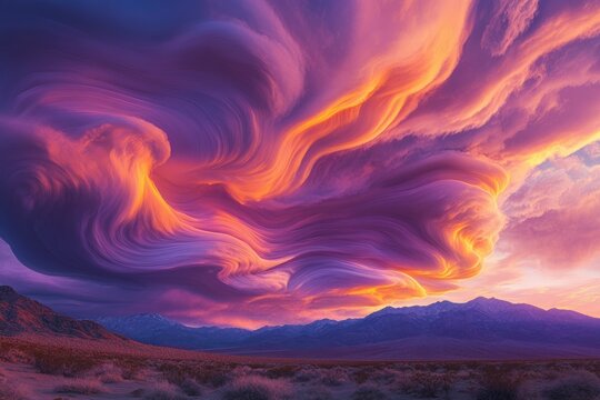 Dramatic sunset paints swirling, vibrant clouds over a majestic mountain range, creating a breathtaking scene.