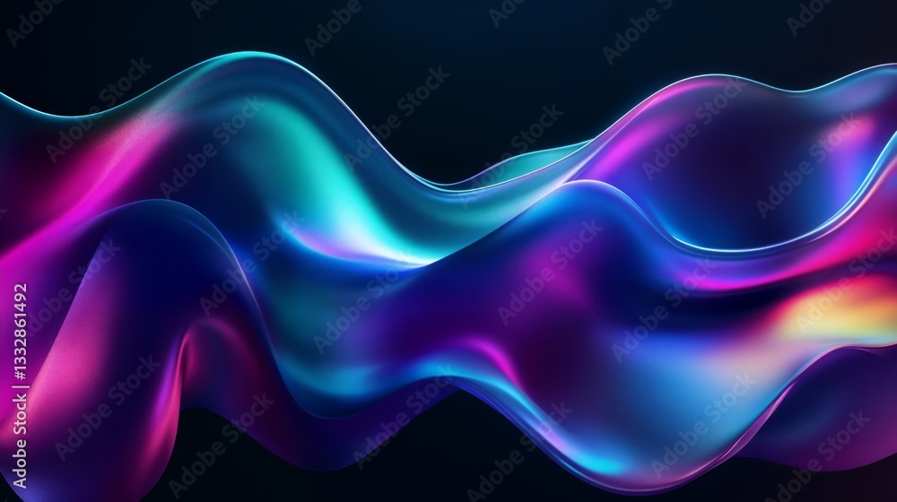 Poster abstract fluid 3d render with a black background and holographic, iridescent neon curved wave in mot