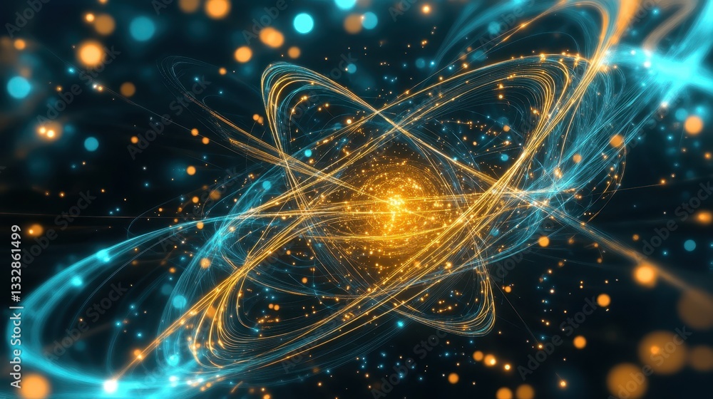 Poster golden and cyan particles are rotating around a bright core, creating an abstract representation of 