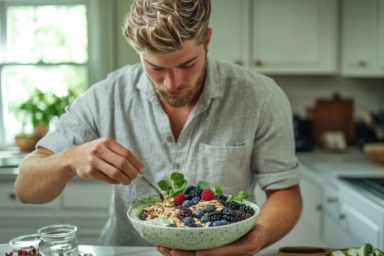 A man enjoys a healthy breakfast of green smoothie topped with granola and berries.