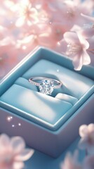 Open jewelry box revealing a sparkling diamond ring, surrounded by pastel-toned flower petals.