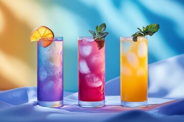 Colorful Fruity Drinks with Ice and Mint on a Fabric Drape Background - Refreshing Summer Beverages