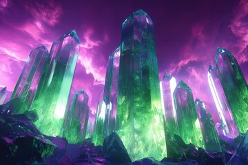 A mesmerizing landscape of towering, vibrant green and purple crystals under a dramatic, cloudy sky.