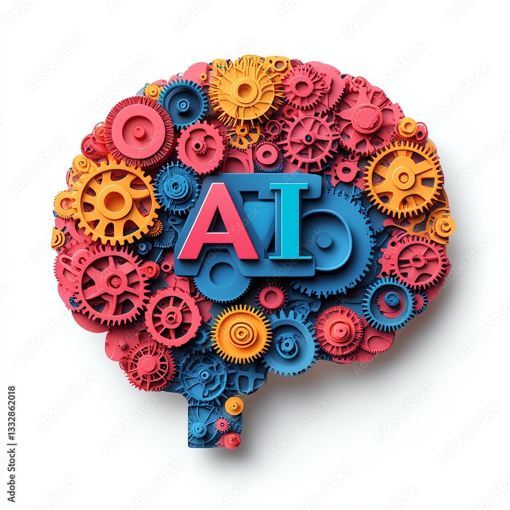 Poster brain-shaped design filled with colorful interlocking gears, featuring prominent ai text in the cent