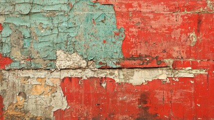 Close-up view of an aged wall showcasing striking patterns of peeling paint in shades of red, turquoise, and cream, highlighting years of exposure to the elements