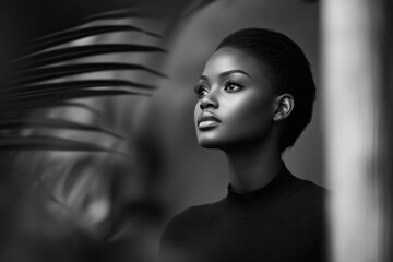 A Black and white portrait of a young African woman with a pensive expression, framed by foliage.