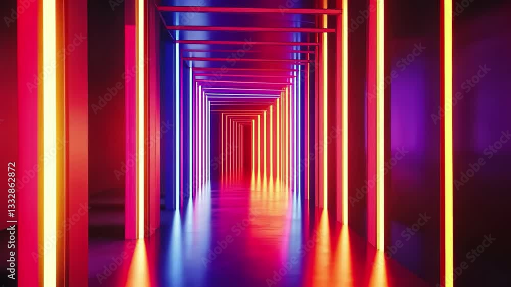 Poster Neon lines create an immersive abstract space with vibrant hues and geometric patterns, Abstract directional neon lines geometric background