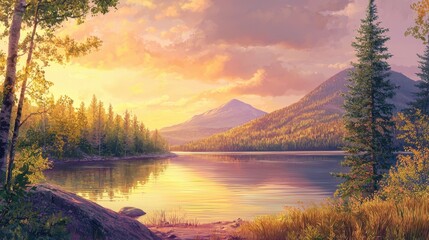 Golden sunlight illuminates a serene lake, enhancing the beauty of surrounding mountains and lush trees. The peaceful atmosphere invites relaxation and contemplation