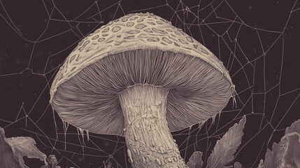A mushroom is surrounded by a web of lines and dots. Fungal Web. Illustration