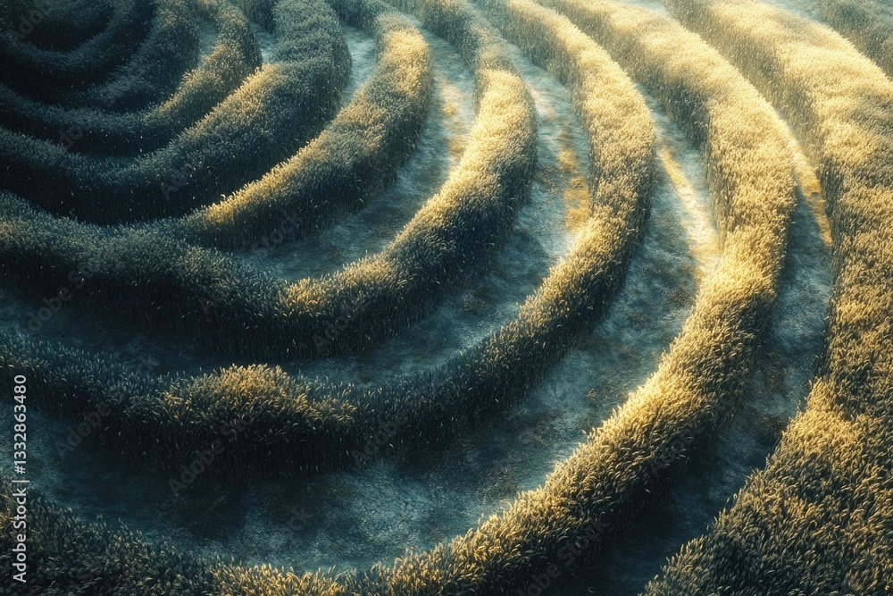 Aufkleber aerial view of concentric circles of wheat field, illuminated by sunlight, creating a mesmerizing pa