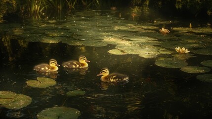 Fototapeta premium Three fluffy ducklings glide gracefully across a tranquil pond. Surrounding them, vibrant lily pads and soft sunlight create a serene atmosphere in the afternoon