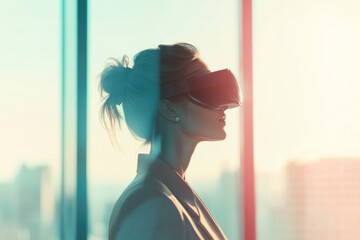 Woman in business attire uses VR headset near large window, enjoying immersive experience.