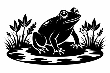 frog in the pond line art silhouette vector illustration