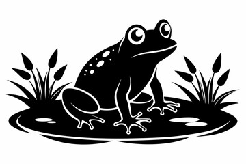frog in the pond line art silhouette vector illustration