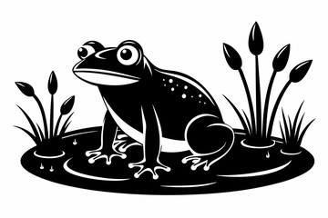 frog in the pond line art silhouette vector illustration