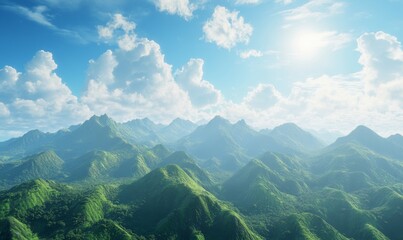 Obraz premium World Environment Day concept: Green mountains and beautiful sky clouds under the blue sky