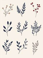 A vector illustration of winter plants, boho style, black line art on light background, minimalistic, no shading, clear lines