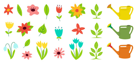 Colorful collection of hand-drawn flowers and watering cans on a white background displaying gardening elements