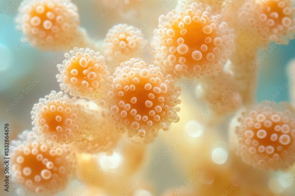 Fototapete microscopic image showing a cluster of orange, spherical cells with smaller bubbles on their surface