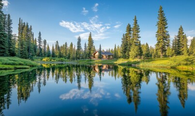 serene lake surface reflected in tall trees, natural beauty, nature scenery, greenery, still waters, outdoor scene