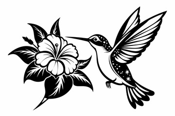 hummingbird and hibiscus line art silhouette vector illustration