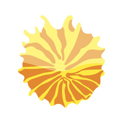 A yellow sun with orange rays. The sun is surrounded by a yellow circle