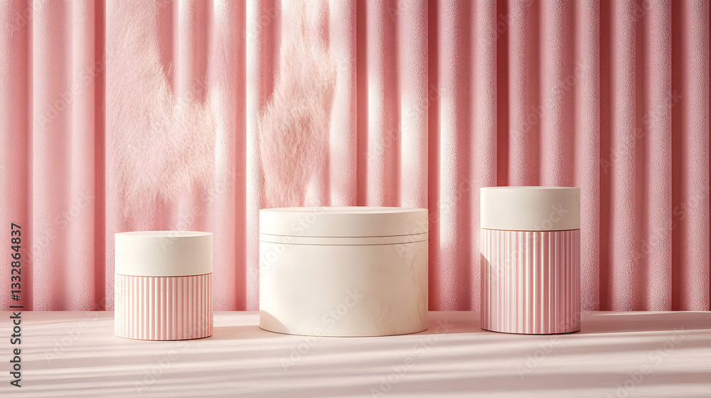 Poster abstract minimal scene with geometrical forms. cylinder podiums in cream pink colors. abstract backg