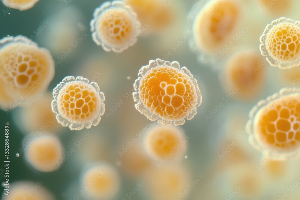 Poster microscopic view of numerous orange, spherical cells with a bubbly texture, possibly microorganisms 