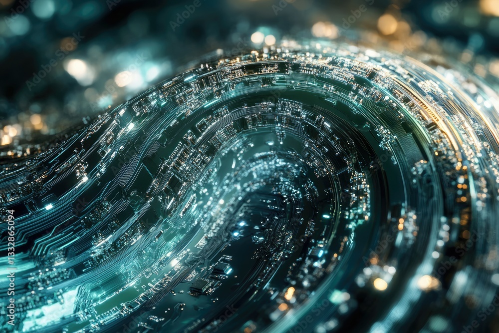 Poster abstract digital artwork depicting a swirling, glowing circuit board, symbolizing technology and dat