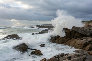 Waves crashing on a rocky coastline