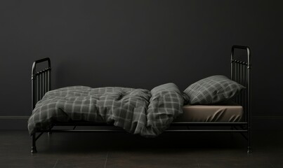 Single bed against a black backdrop with industrial-style metal frame, relaxation, industrial metal frame, minimalist decor