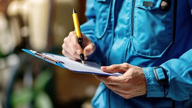 Employee in disinfection service making notes during a field inspection in a commercial facility, employee of the disinfection service making notes in the clipboard - Powered by Adobe