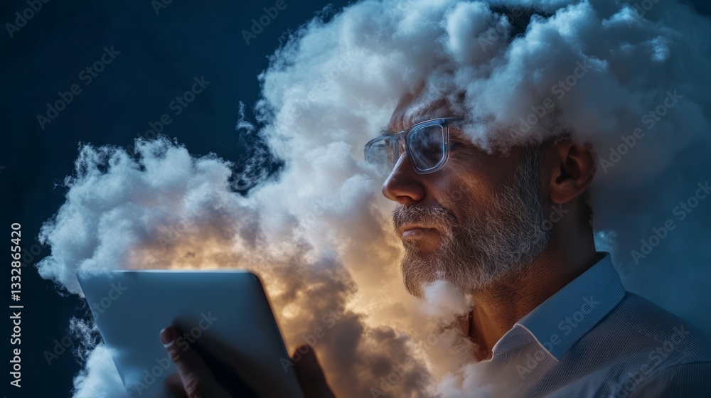 Poster a businessman's head with a cloud floating around it while holding a tablet symbolizes data storage 