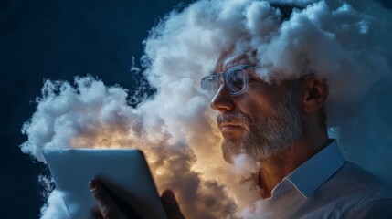 A businessman's head with a cloud floating around it while holding a tablet symbolizes data storage in online business.